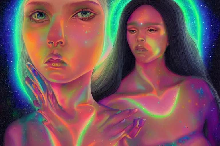 Image similar to patron saint of 🛸🌈👩🏾, futuristic iridescent clothing, wormhole, nebula, black hole, multiverse, neon god of city character portrait, in the style of margaret keane, moebius, tom bagshaw, and waterhouse, cinematic lighting, beautiful, elegant, oil painting,