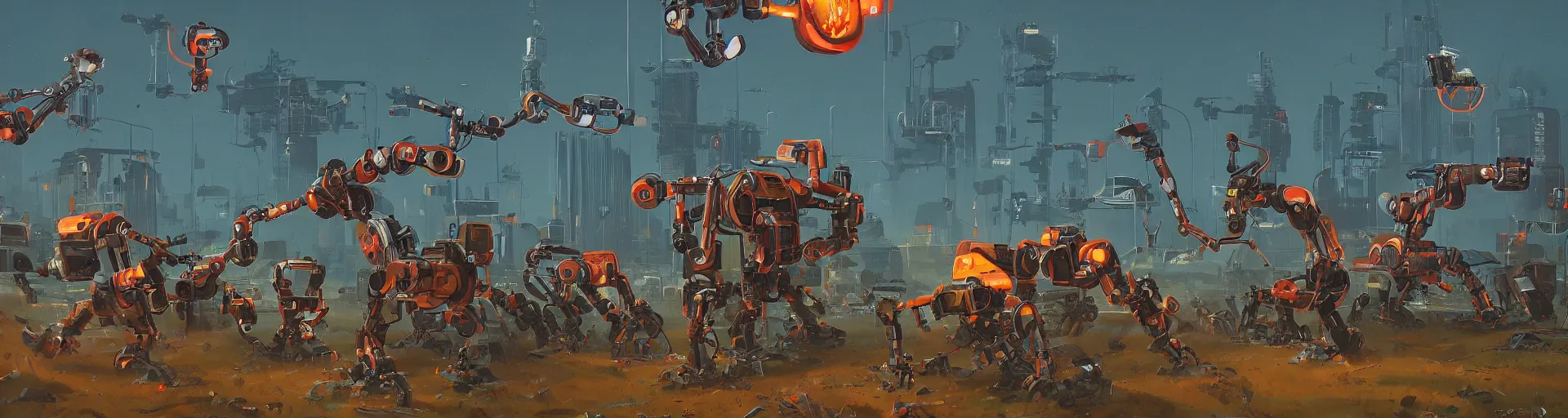 Image similar to fantastic robots fighting with each other in new zealand, dynamic scene, work in the style of simon stalenhag, 2 k