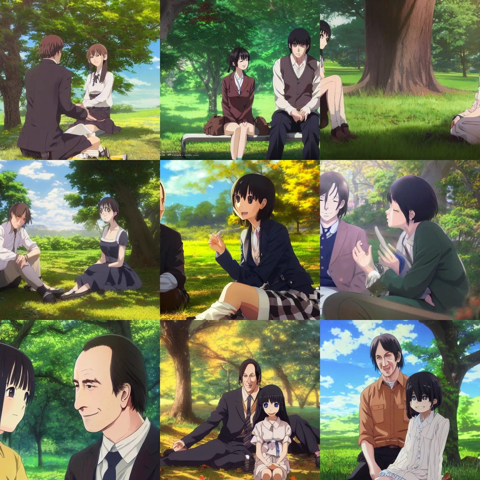 Prompt: photorealistic, highly detailed bob odenkirk meets a beautiful smiling anime girl with black hair and hime cut sitting under a tree, anime key visual, digital art, anime screenshot, kyoto animation, makoto shinkai, trending on artstation