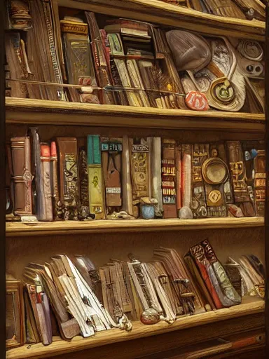 Image similar to a really messy shelf, full of different trinkets and books. intricate, elegant, highly detailed, digital painting, artstation, concept art, sharp focus, illustration, by justin gerard and artgerm, 8 k