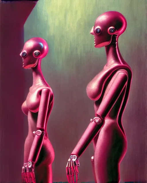 Image similar to hyperrealistic intricate postmodern mechanical iridescent pink humanoids performing concept art santiago caruso de chirico sharp very dramatic emerald light 8k low angle shallow depth of field