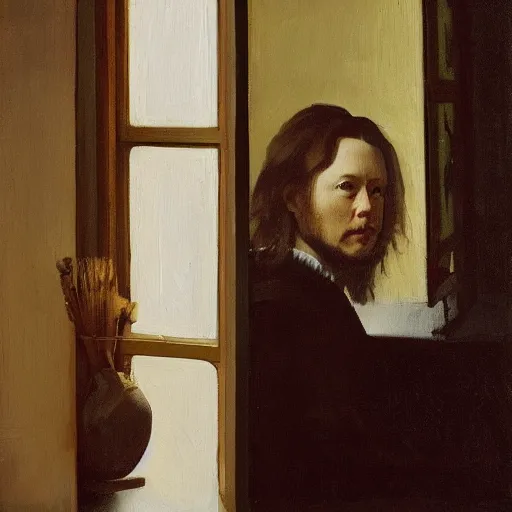 Image similar to Portrait of Elon Musk, painting by Dutch painter Vermeer, window light