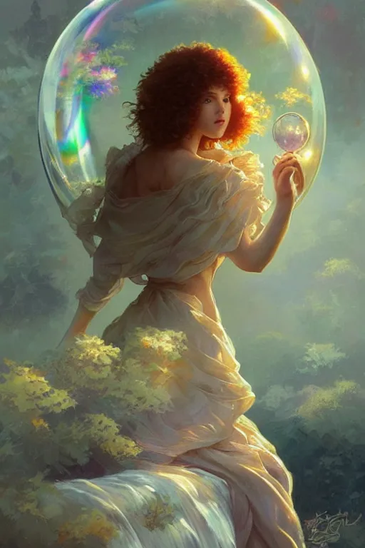 Image similar to bob ross, dreamy and ethereal,, fantasy, intricate, elegant, rainbow bubbles, highly detailed, digital painting, artstation, concept art, smooth, sharp focus, illustration, art by artgerm and greg rutkowski and alphonse mucha