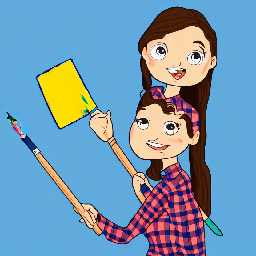 Prompt: classic modern cartoon logo art of a cute girl holding an oversized paintbrush, she's wearing a plaid shirt and blue jeans that i rolled up to her knees, clear background