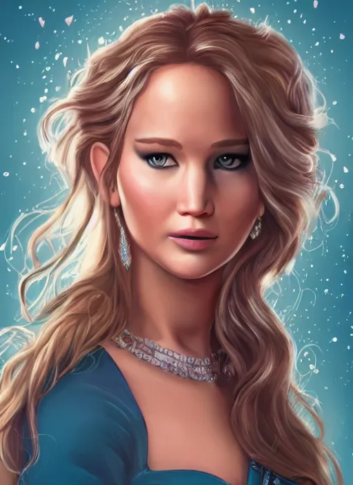 Image similar to Jennifer Lawrence as a Disney Princess, Disney movie, professional illustration, trending on art station, HD,