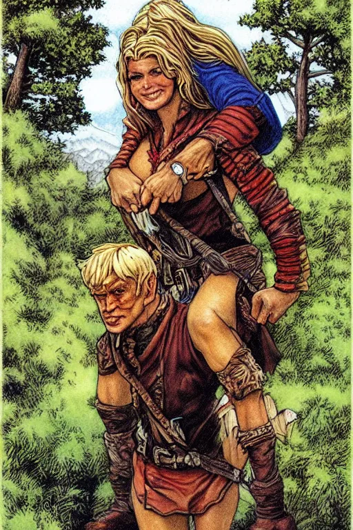 Image similar to A beautiful human woman carrying her halfling husband by larry Elmore