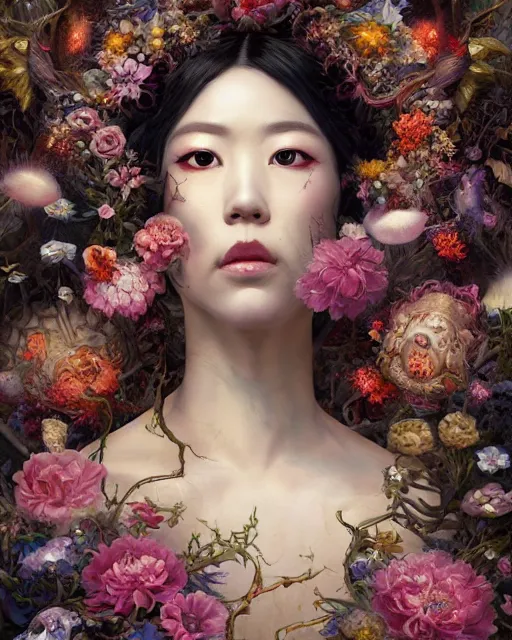 Image similar to portrait of the japanese queen of the underworld, surrounded by flowers by karol bak, james jean, tom bagshaw, rococo, sharp focus, trending on artstation, cinematic lighting, hyper realism, octane render, 8 k, hyper detailed.