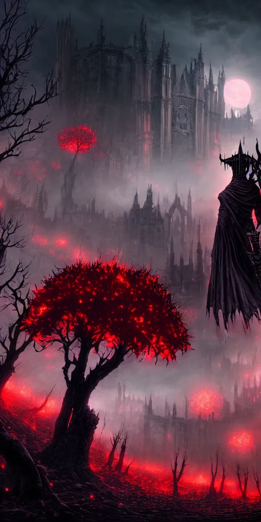 Image similar to populated bloodborne old valley with a dark person at the centre and a ruined gothic city in the background, trees and stars in the background, falling red petals, epic red - orange moonlight, perfect lightning, wallpaper illustration by niko delort and kentaro miura, 4 k, ultra realistic