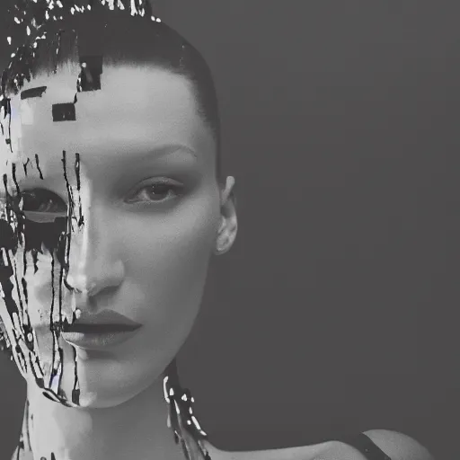 Image similar to bella hadid as maison margiela model on rammstein show. alexander mcqueen best fashion performance. exposure. mysterious. tape photo. processing. lost photo. deep dream effect. award wining photography.. perfect composition. photography masterpiece. ominous valley effect. vfx.