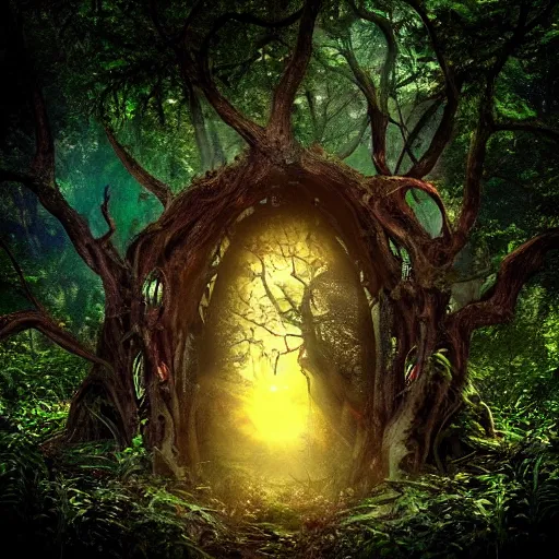 Image similar to horrific, shining portal embedded in a terrifying tree in a densely overgrown jungle, fantasy, dreamlike sunraise, ultra realistic, atmospheric, stopped in time, epic