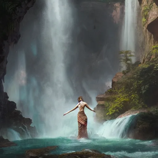 Image similar to an extremely detailed matte painting of a thruple dancing in a cavern behind a waterfall, epic fantasy, viewed in profile from far away, sharp focus, detailed face, art by greg rutkowski and alphonse mucha, volumetric lighting, 4 k resolution, trending on artstation, masterpiece