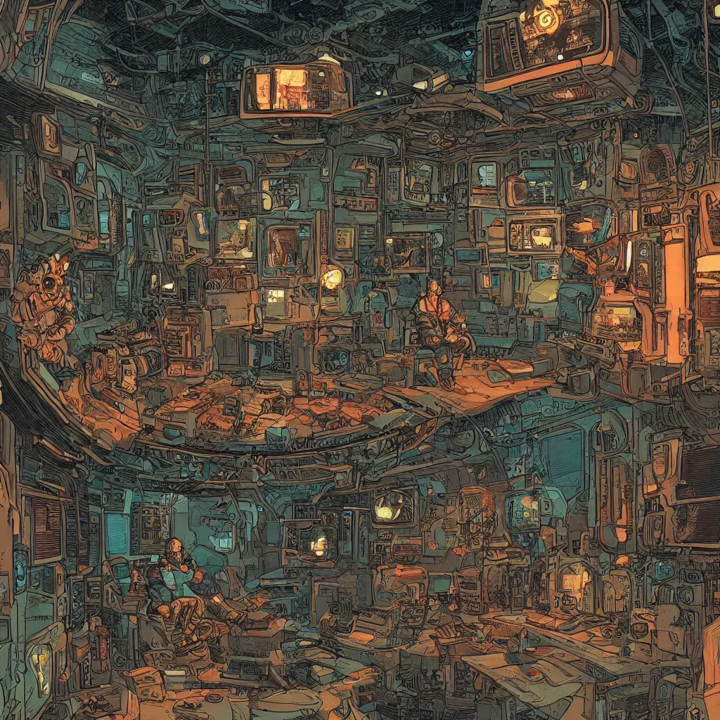 Image similar to Stunningly intricate illustration of a cyberpunk explorer playing video games in his treehouse, highly detailed, midnight, by Laurie Greasley,James Gilleard and Moebius,