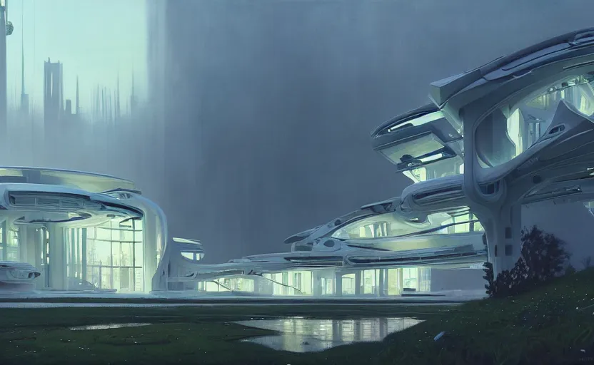 Prompt: painting of a wide angle exterior shot of a white modern futuristic cyberpunk architecture in the middle of an english garden with cinematic lighting by peter zumthor and renzo piano, darek zabrocki and greg ruthkowski, alphonse mucha, simon stalenhag and cinematic and blue cold atmospheric, archillect concept art, artstation, trending on artstation