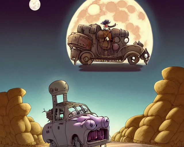 Image similar to a cell shaded cartoon giant grey lovecraftian mechanized fred flintstone from howl's moving castle ( 2 0 0 4 ), with a big head, on a desert road, wide shot, in front of a big moon, muted colors, post grunge, josan gonzales, wlop, by james jean, victor ngai, hq, deviantart, art by artgem