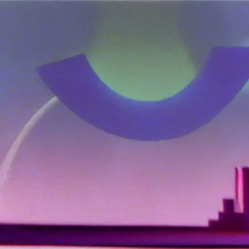 Image similar to futuristic angular neon pastel cityscape, still frame from Fantasia (1940)