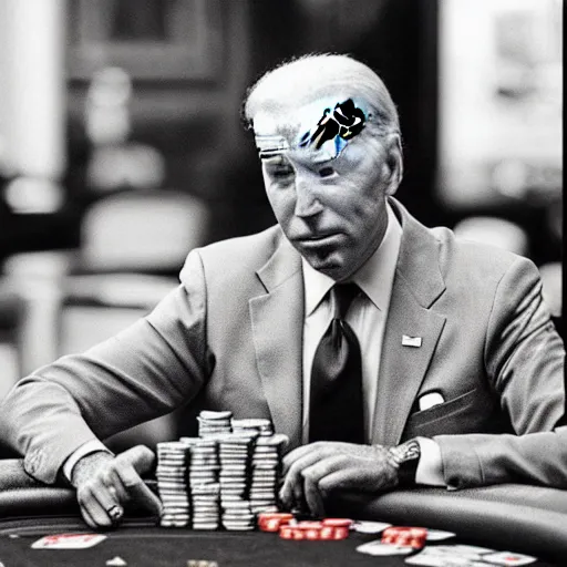 Prompt: joe biden smoking a cigar and playing poker in a casino, photorealistic