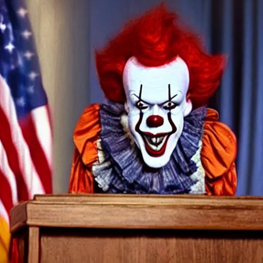 Prompt: Pennywise the clown giving an official speech as president of the USA, 4K realistic