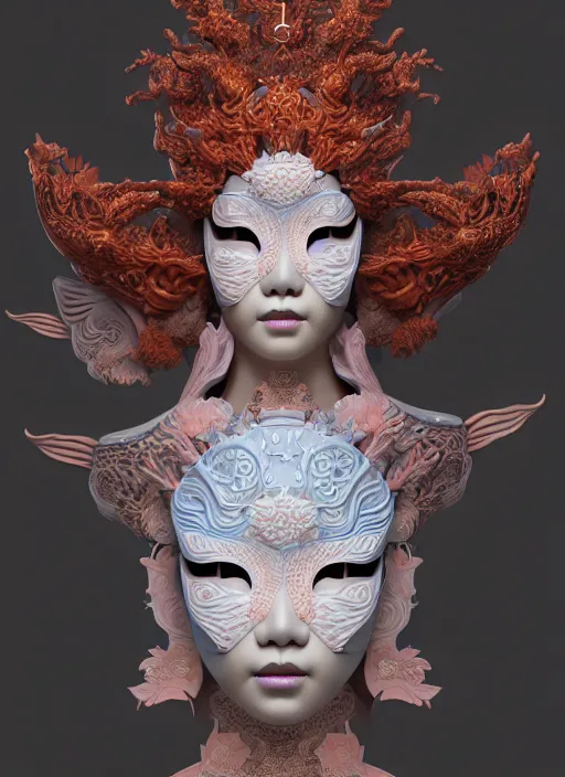 Image similar to 3 d goddess medium shot profile portrait. beautiful intricate highly detailed korean gumiho mask and traditional korean hanbok. stingray, magpie, bioluminescent, plasma, lava, ice, water, wind, creature, fog, artwork by tooth wu and wlop and beeple and greg rutkowski, 8 k trending on artstation,