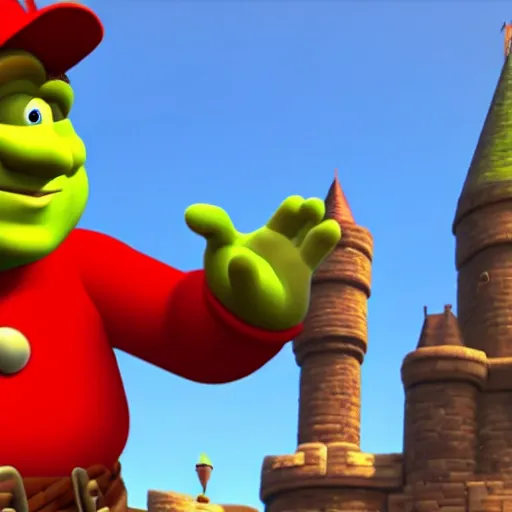 Image similar to shrek wearing mario hat, 8 k