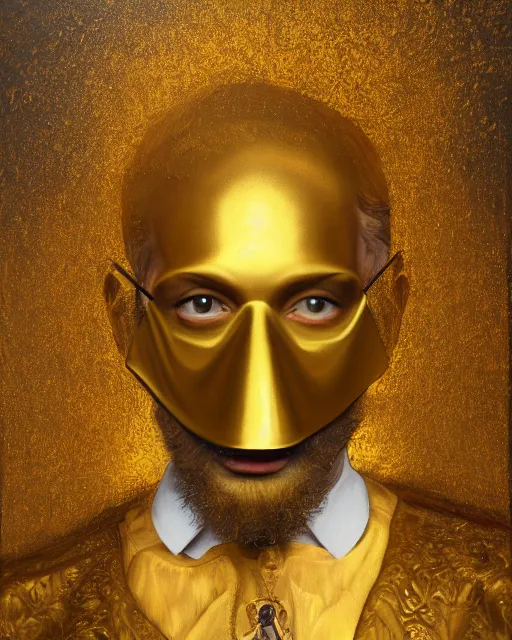 Image similar to oil painting portrait of man with a golden mask, photorealistic, shaded, cinematic lighting, high production value, intricate details, high resolution, hdr, high definition, masterpiece, realistic, ultrarealistic, highly detailed, hd, sharp focus, non blurry, sharp, smooth