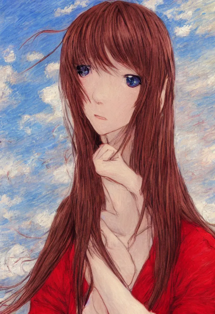 Image similar to close shot portrait of a teenage girl, a cute red outfit, tokyo anime scene, very anime in impressionist style, anime trending artwork, anime painter studio, by claude monet