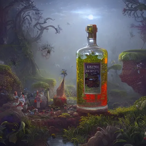 Image similar to A bottle of Gin, filled with tiny creatures, garden, summer, 8k resolution matte fantasy painting, cinematic lighting, DeviantArt, Artstation, Jason Felix Steve Argyle Tyler Jacobson Peter Mohrbacher