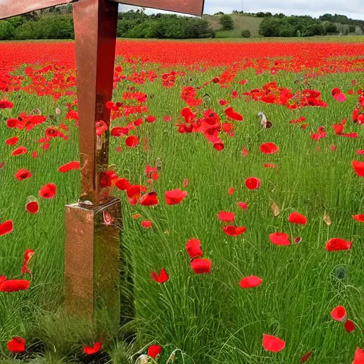 Prompt: giant aged copper cross standing in a field of brilliant red poppies