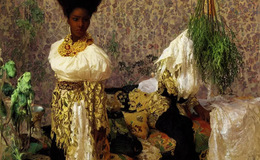 Prompt: high quality high detail painting by ilya repin, black woman in a white room with many plants, intricate costume design, orientalist, partially gold, ornate, elite, luxury, hd