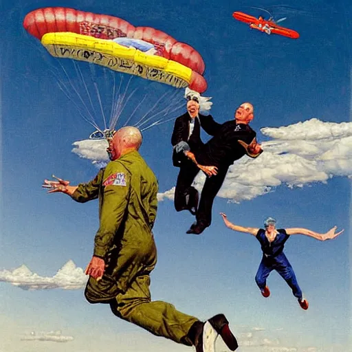 Image similar to benjamin netanyahu skydiving, plane in background, by norman rockwell and michael cheval