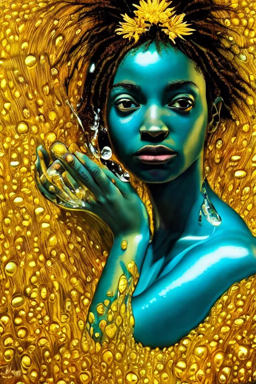 Prompt: hyperrealistic precisionist cinematic profile very expressive! oshun goddess, ophelia in water! john everett millais, mirror dripping droplet!, gold flowers, highly detailed face, digital art masterpiece, smooth eric zener cam de leon, dramatic pearlescent turquoise light on one side, low angle uhd 8 k, shallow depth of field