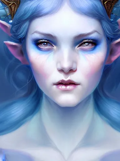 Image similar to the elven queen with blue skin by james jean, charlie bowater, tom bagshaw, nikolay makovsky : : enchanting, ethereal, magical, portrait, character design, illustration, hyperrealism, photorealism, digital art, concept art, fantasy, whimsy, weta, wlop, artstation