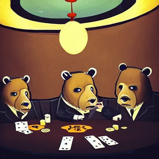 Image similar to “tardigrade and grizzly bear mobsters playing poker in a dimly lit basement poker table”