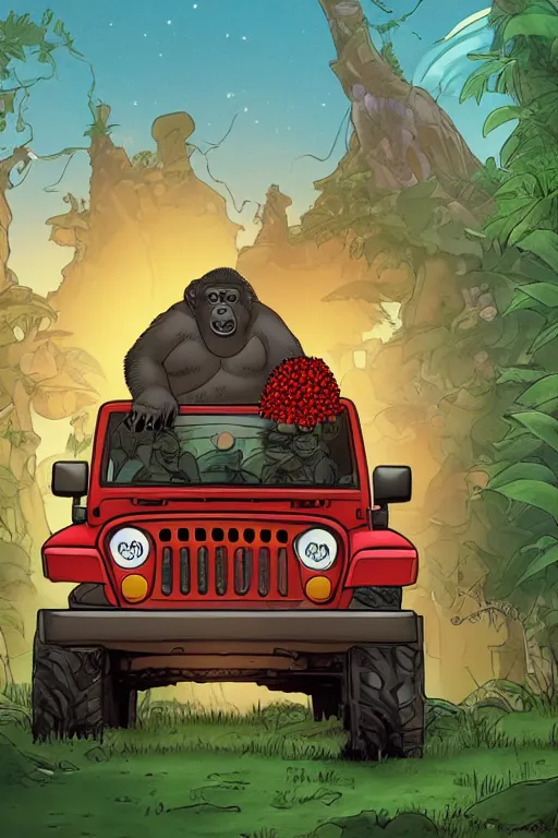 Image similar to gorilla driving a jeep holding a amanita muscaria, sunshine, by alba ballesta gonzalez and moebius. 4 k wallpaper, digital flat 2 d, japan animation, comic book, illustration, cinematic lighting, smooth sharp focus.