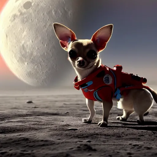 Image similar to Chihuahua cyborg space suit on the moon, moon base, mechanical, celestial background, octane, 4k, hyper realism, sharp focus