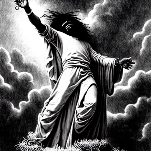 Image similar to cheef keef ascending into heaven holding double cup of lean, biblical image, style of gustave dore, highly detailed, beautiful, high contrast, black and white