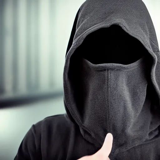 Image similar to realistic photo of hacker, dark background, hood, face doesn't visible, computer, extremely detailed, sharp focus, masterpiece,