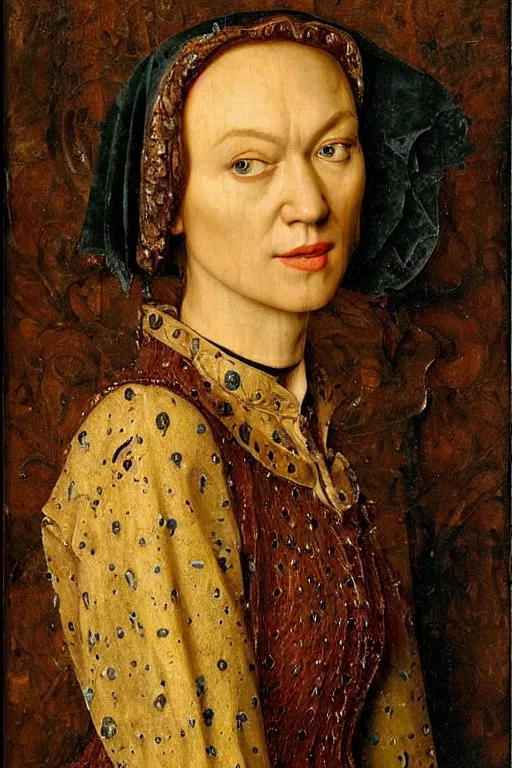 Image similar to portrait of yvonne strahovski oil painting by jan van eyck, northern renaissance art, oil on canvas, wet - on - wet technique, realistic, expressive emotions, intricate textures, illusionistic detail