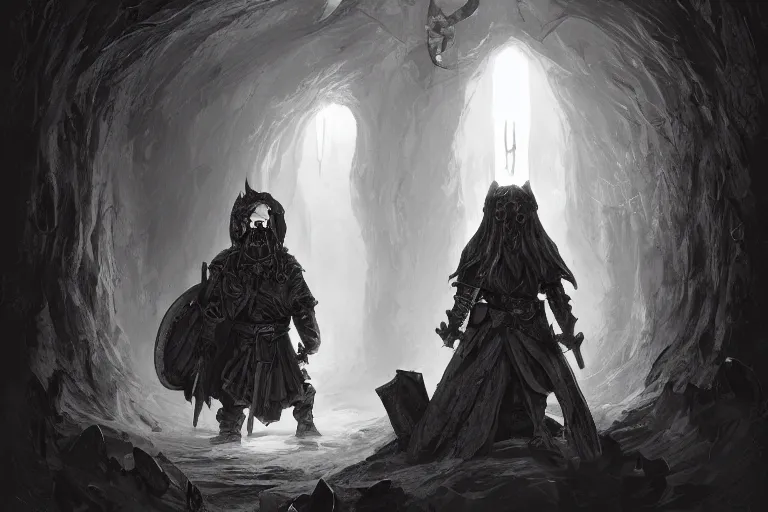 Prompt: black and white one point perspective dungeon cozy fantasy dungeon the stable gnome acolyte Kader asks you for help with the blade ghost,by artgerm and Craig Mullins, James Jean, Andrey Ryabovichev, Mark Simonetti and Peter Morbacher 16k