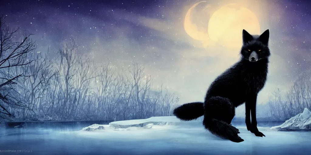 Prompt: distant wide angle shot of a beautiful black fox standing on a frozen lake of ice under the moonlight, highly detailed brush style, reflections, soft fur, two pointed ears, thick fluffy tail, beautiful lighting, wildlife, digital art, trending on ArtStation