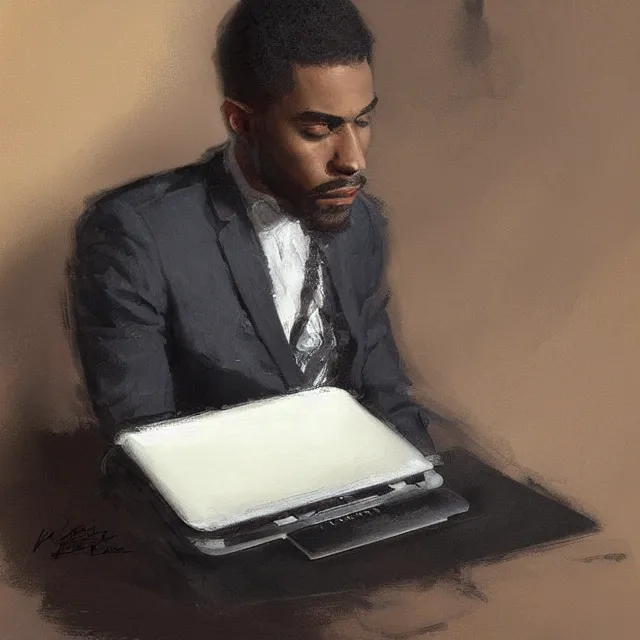 Image similar to a lightskinned black man with short hair, clean shaven, using a macbook, portrait, elegant, intricate, digital painting, artstation, concept art, smooth, sharp focus, illustration, art by konstantin korovin and daniel f. gerhartz and john howe