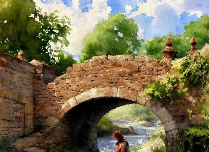 Image similar to watercolor of rustic stone bridge with mural, ivy, summer daylight, bright clear day, clouds, high detailed art by dennis miller bunker, work by anders zorn, wonderful masterpiece by greg rutkowski, beautiful cinematic light, american romanticism by greg manchess, creation by tyler edlin