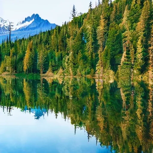 Image similar to a lake surrounded by pine trees with mountains in the background in the style of Bob Ross