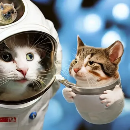 Image similar to cat in spacesuit with hamster in her mouth