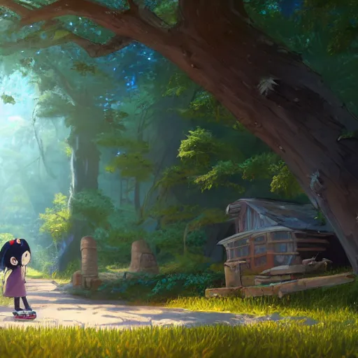 Image similar to a wholesome animation key shot of a dark blue haired girl with a raccoon tail, medium shot, studio ghibli, pixar and disney animation, sharp, rendered in unreal engine 5, anime key art by greg rutkowski, bloom, dramatic lighting