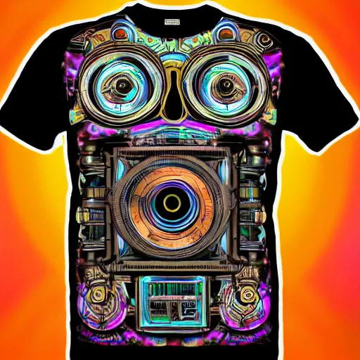 Prompt: mockup of a black tshirt with a hyperdetailed portrait of a steampunk robot on lsd, 8 k, symetrical, flourescent colors, happy trippy mood, multicolored,