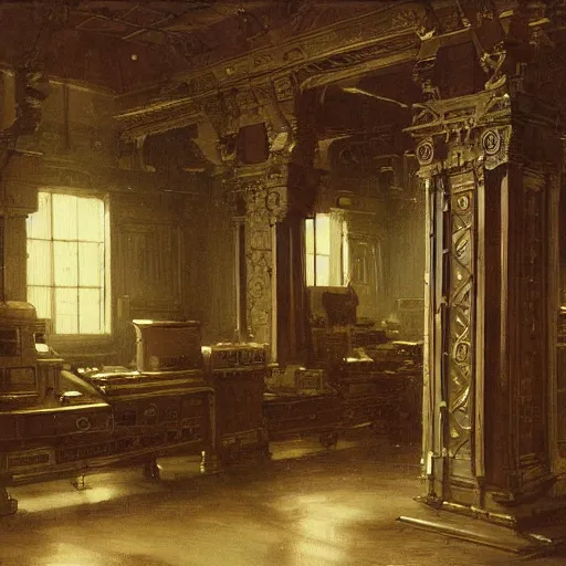 Prompt: painting of a scifi ancient civilzation victorian computer room with pillars, andreas achenbach