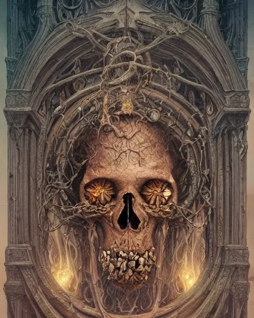 Image similar to a beautiful detailed front view of a dead rotten skull with ornate growing around, ornamentation made of baroque architecture, elegant, beautifully soft lit, by wayne barlowe, peter mohrbacher, kelly mckernan