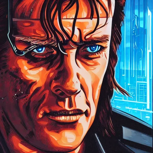 Image similar to close up portrait artwork of man with mullet cyborg eye. From The Terminator 1984. Artwork by Dan Mumford