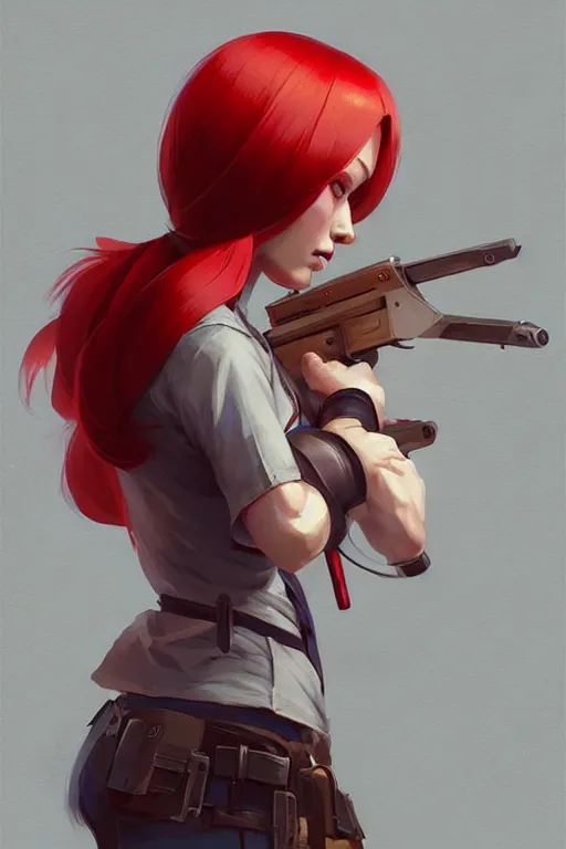 Image similar to longshot, 3 / 4 view of a red headed woman in villager cosplay from super smash brothers intricate, elegant, sharp focus, illustration, highly detailed, concept art, matte, trending on artstation, anime, art by wlop and artgerm and greg rutkowski, ilya kuvshinov, strong strokes,