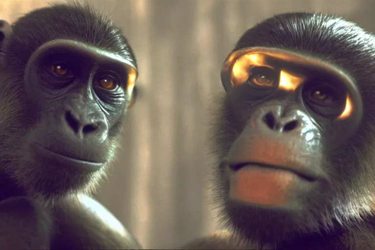 Prompt: a monkey starring as Neo on the matrix (1999), cinematic lighting, movie still